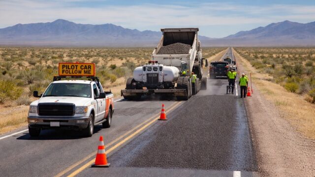Road crews perform chip seal operations on a rural roadway in Luna County while a pilot vehicle guides traffic through the work zone. The New Mexico Department of Transportation advises drivers to expect delays, loose gravel, and temporary lane closures during ongoing maintenance projects.